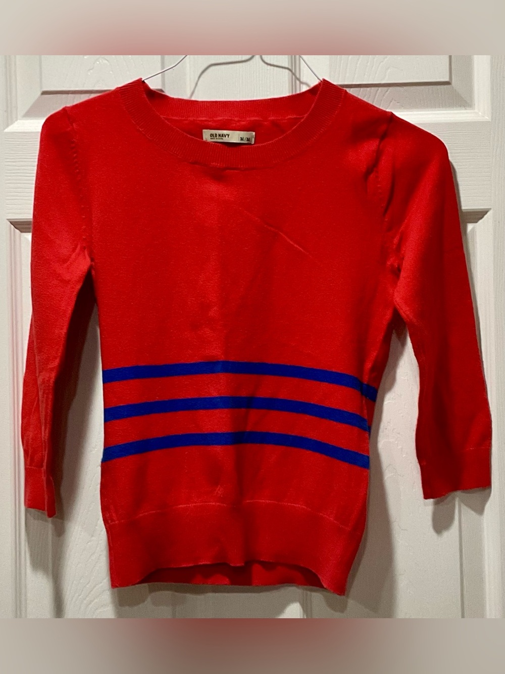 Old Navy Red Crewneck Sweater with Blue Stripes